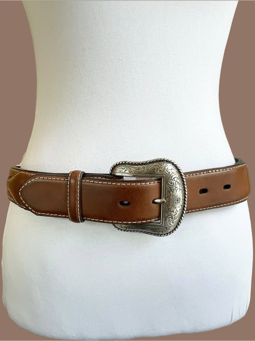 Nocona Western Cognac Brown Genuine Leather Belt Silver Buckle Size 32